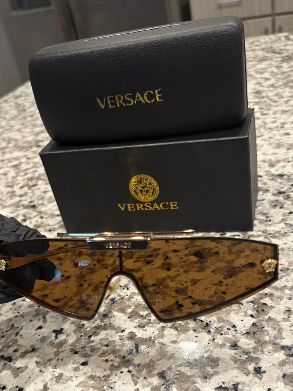 Versace Gold Frame Brown Shield Sunglasses with Logo Accent